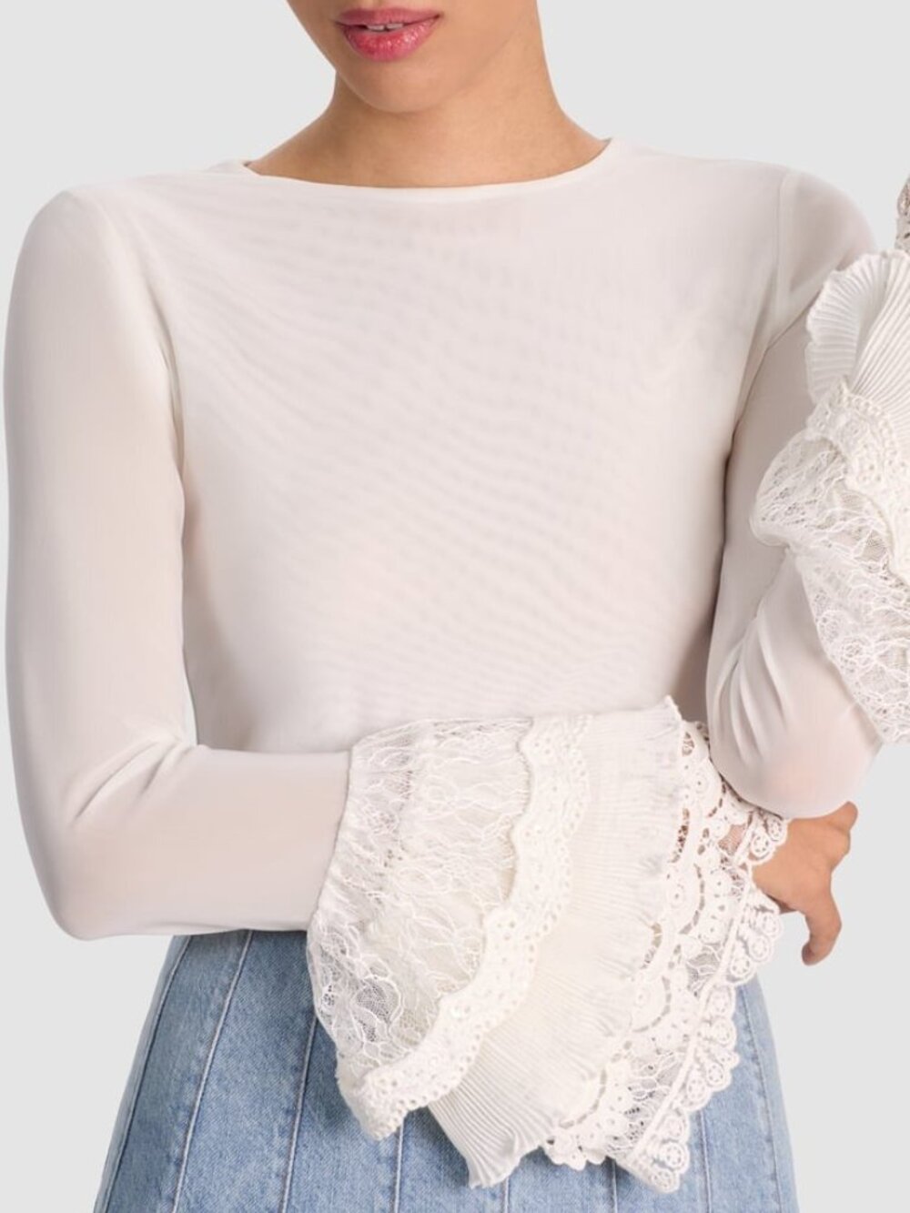NWT ALICE + OLIVIA Delaina Mesh Ruffle Cuff Crop Top Off White XS MSRP$785.00